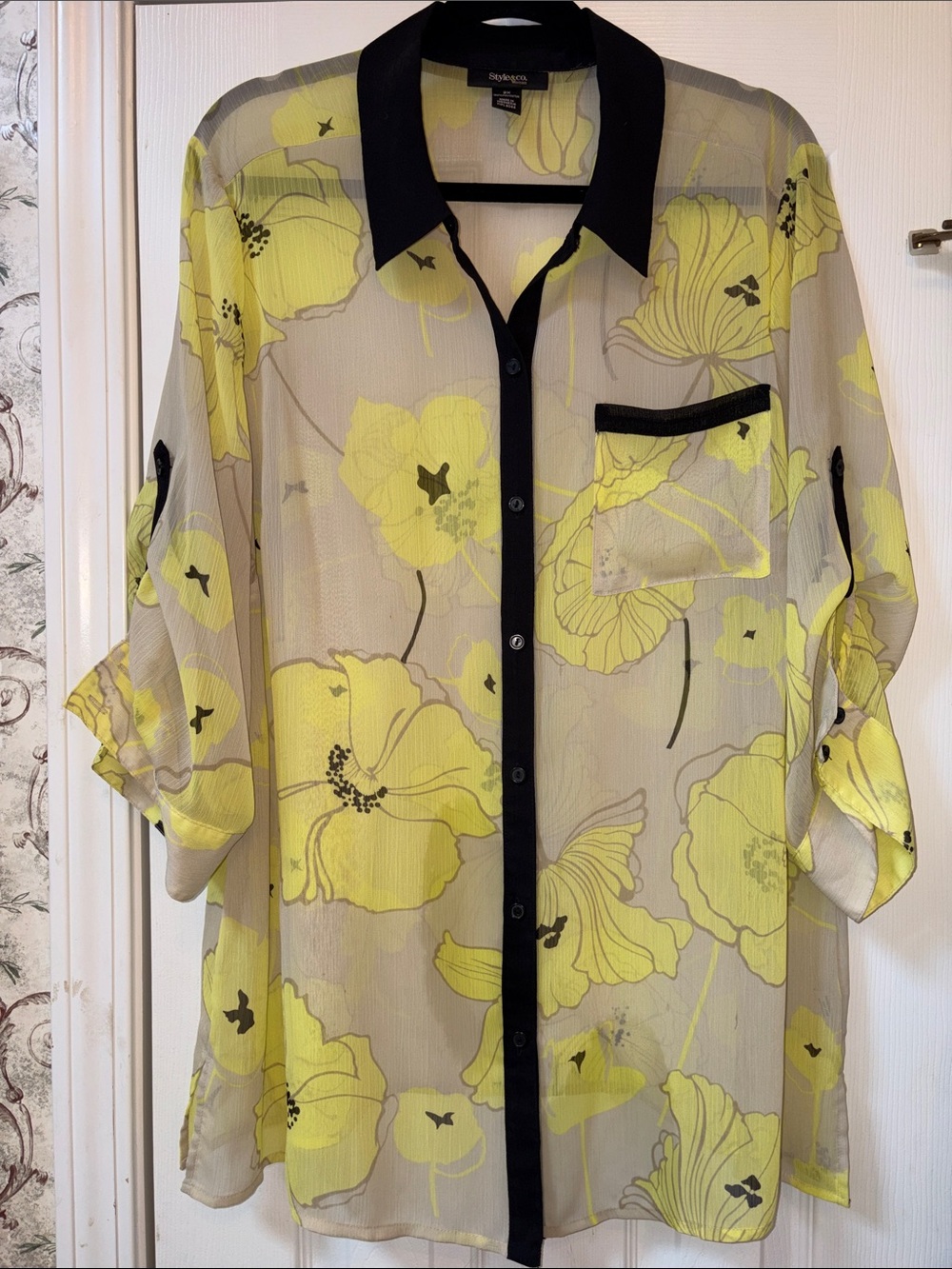 2X Style & Co. Yellow Floral Sheer Button-Down with Black Trim